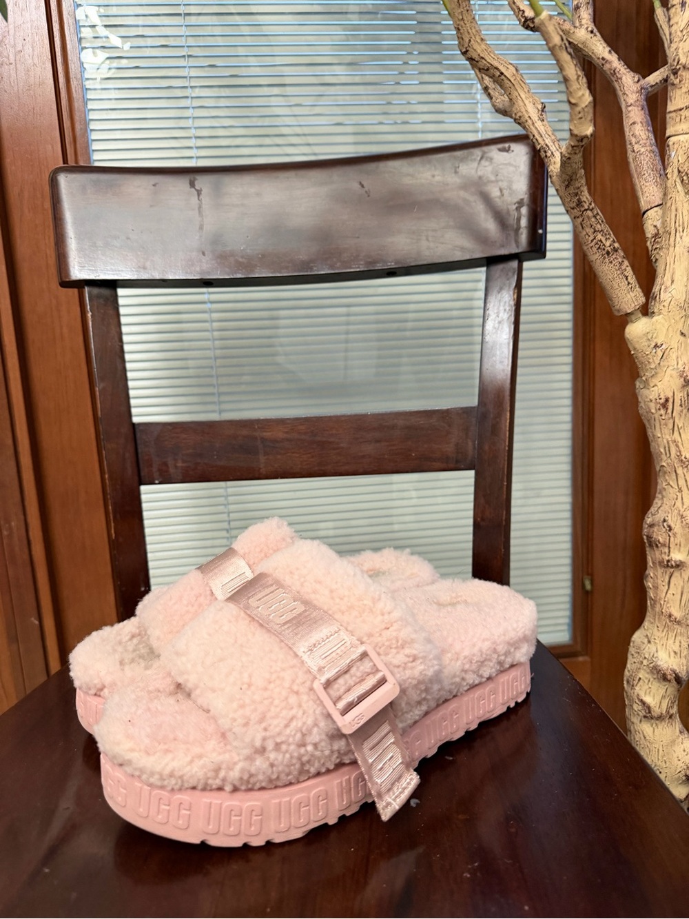 UGG Pink Plush Shearling Slide with Branded Strap